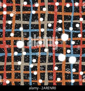 Cute Pattern with snowflakes on dark background with tiny dots. Great for wall art design, gift paper, wrapping, fabric, textile, etc. Stock Vector