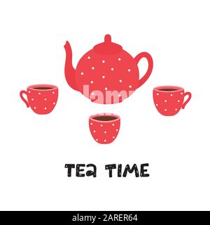 Tea time. Teapot and cups. Vector illustration Stock Vector