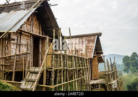 Traditional houses of the Apatani tribe in the village Hong in the hills of Ziro area Stock Photo