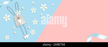 Happy Easter. Greeting card with bunny rabbit. Easter background without text. Lace and pink color. Cute vector illustration. A place for your text.. Stock Vector