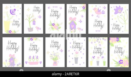 Set of bright cards. Happy Holidays. Children's style. Simple illustrations. Cute kawaii characters. Spring flowers and banners. Collection of birds Stock Vector