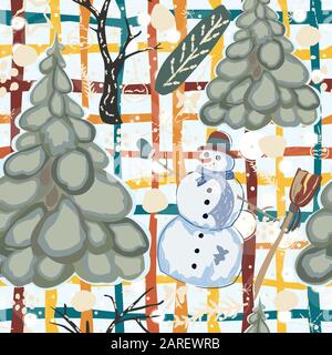 Colorful Winter Pattern with Snowman. Seamless Pattern. Vector Illustration. Stock Vector