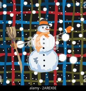 Happy Character of Snowman on a cute winter background with doodles. Unique Delicate Design. Stock Vector