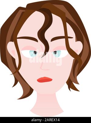 Vector Illustration. Head of a squinting woman with brown disheveled hair. Stock Vector