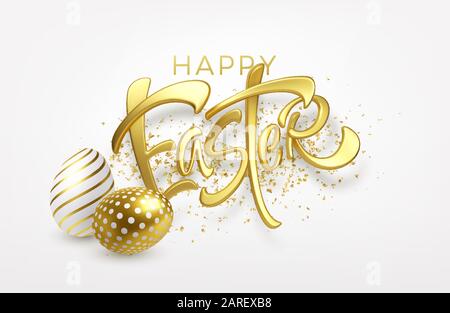 Modern trendy Golden metallic shiny typography Happy Easter on a background of easter eggs. 3D realistic lettering for the design of flyers, brochures Stock Vector