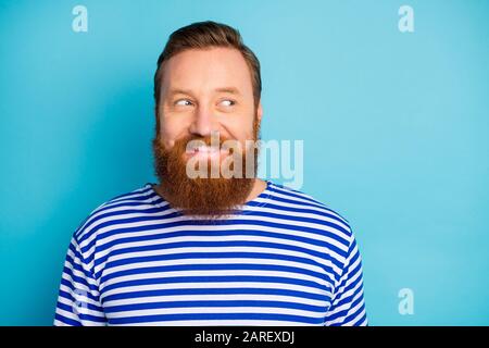 Hmm interesting... Close up photo of imposing funky man look copyspace feel enthusiastic want hear listen rumors wear stylish striped vest isolated Stock Photo