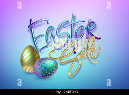 Modern trendy Golden metallic shiny typography Happy Easter on a background of easter eggs. 3D realistic lettering for the design of flyers, leaflets Stock Vector