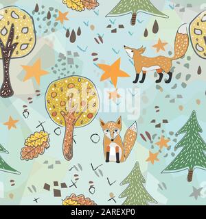 Seamless fox pattern with cute trees, stars, foxes and abstract shapes. Cute Scandinavian Style. Stock Vector