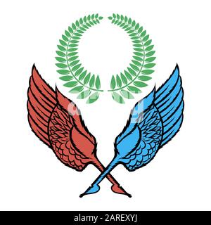 Wings Pen Icon with Green Wreath. Winged Logo Design. Part of Eagle Bird. Design Elements for Emblem, Sign, Brand Mark. Stock Vector