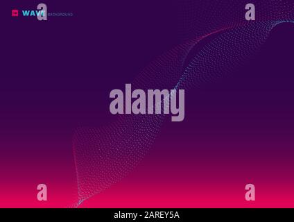 Abstract technology futuristic network design particle pink and blue glowing dot line flowing wave purple background with space for your text. Visuali Stock Vector