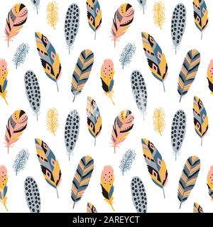 Seamless pattern with feather. Vector illustration on white background. Stock Vector