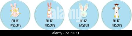Round easter badges. Collection of greeting cards. Angel and bunny rabbit. Translation from Spanish: Happy Easter.. Stock Vector