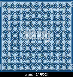 Classic Blue Ornate Seamless Vector Pattern of Moorish Tile Decorations. Tileable mosaic background in Islamic style. Stock Vector