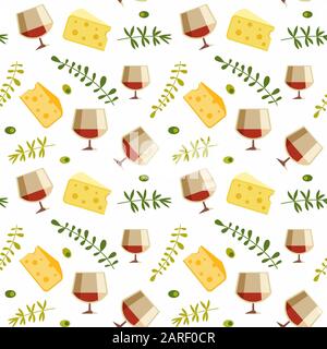 Red wine glass cheese flat vector seamless pattern Stock Vector
