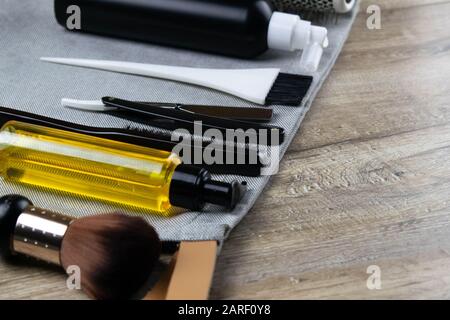 A set of tools for haircuts, dewy, dangerous razor, hair gel and shaving gel, brush Stock Photo