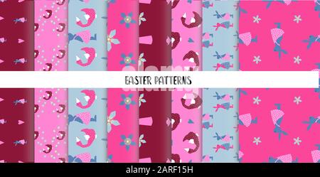 EASTER SEAMLESS PATTERNS. set of abstract vector paper with decorative flowers, shapes and symbols of easter day. Stock Vector