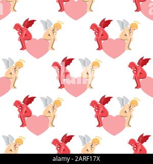 Seamless pattern of an angel demon sitting on a heart in a pensive pose on a white background. Vector image Stock Vector