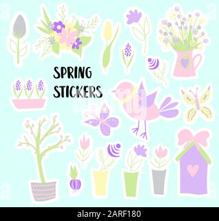 Easter. Spring stickers. Happy easter. Elements for creating postcards. Bird, flowers, birdhouse. Pastel colors.. Stock Vector