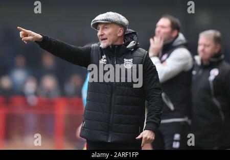 Grimsby manager Ian Holloway during the Sky Bet League Two match between Crawley Town and Grimsby Town at the People’s Pension Stadium in Crawley. 25 January 2020.Editorial use only. No merchandising. For Football images FA and Premier League restrictions apply inc. no internet/mobile usage without FAPL license - for details contact Football Dataco Stock Photo