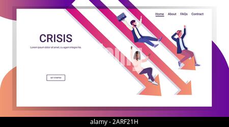 businesspeople sliding down falling economic arrow financial crisis ...
