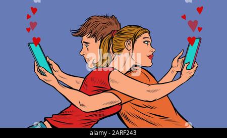 Valentines day love. A couple of young men and a girl with smartphones Stock Vector