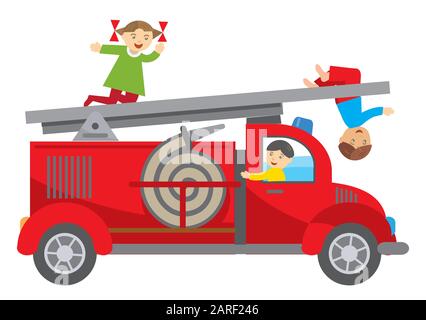 Fire truck and children.Illustration isolated on white background. Vector available. Stock Vector