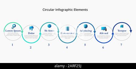 Seven circular arrows with icons, place for text are located in a horizontal row. Concept of 7 steps or stages of progressive development.  Vector 10 Stock Vector