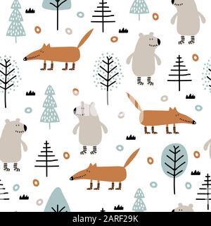Seamless childish pattern with bear, fox in wood Stock Vector