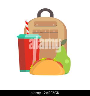 School lunch box. Children's lunch bag with sandwich, soda, fruit and other food. Kids school lunches icons in flat style. Stock Vector