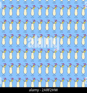 Pina Colada Cocktail seamless pattern. Hand drawing sketch outlines on blue background can be printed on textile, wallpaper, wrapping paper, greeting cards, used in logo, banner, landing page. Vector Illustration. EPS10 Stock Vector