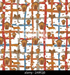 Seamless Dachshund Dog Pattern with bones, bows, dog houses and footprints. Vector Illustration Stock Vector