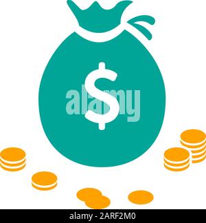 Money bag flat icon vector pictogram isolated, black and white sack with dollars, cartoon moneybag Stock Vector