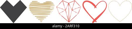 Flat hearts, vector set. Hand drawn elements for your Valentines Day Stock Vector