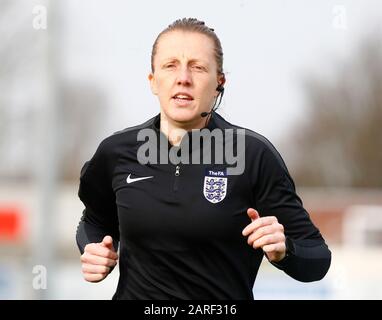 DAGENHAM, ENGLAND - JANUARY 27: Referee Lisa Benn during Women's FA Cup Fourth Round match between West Ham United Women and Arsenal at Rush Green Stadium on January 27, 2020 in Dagenham, England7 (Photo by AFS/Espa-Images) Stock Photo