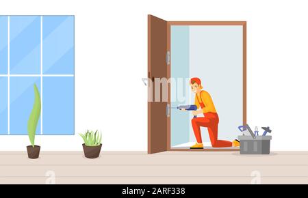 Carpenter fixing door vector illustration. Professional repairman fitting door hinge cartoon character. Young workman, skilled craftsman using electric drill for doorframe installation Stock Vector