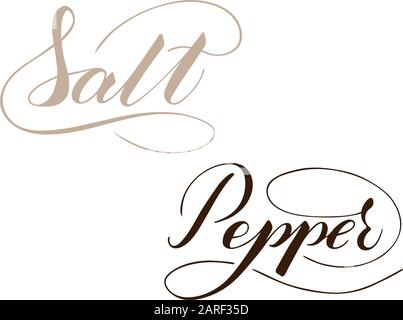 Vector hand written salt and pepper text isolated on white background. Kitchen healthy spices for cooking. Script brushpen lettering with flourishes. Stock Vector