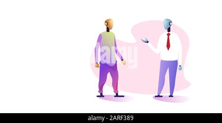 robotic businessmen couple discussing during meeting artificial intelligence technology concept two robots standing together full length horizontal vector illustration Stock Vector