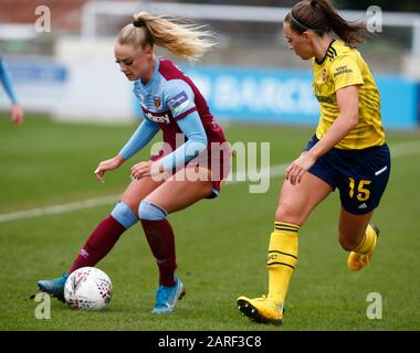 DAGENHAM, ENGLAND - JANUARY 27: L-R Alisha Lehmann of West Ham United WFC takes Katie McCabe of Arsenal during Women's FA Cup Fourth Round match between West Ham United Women and Arsenal at Rush Green Stadium on January 27, 2020 in Dagenham, England7 (Photo by AFS/Espa-Images) Stock Photo