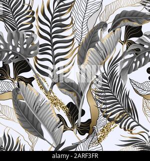 Seamless pattern with black and white tropical leaves and golden elements. Vector. Stock Vector