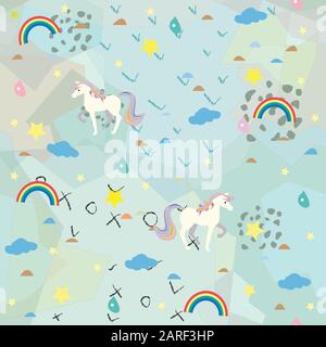 Seamless Unicorn Pattern with clouds, rainbows and drops of rain. Vector Illustration. Stock Vector
