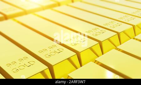 stack close-up of pure gold bars arranged in abundance, 3D render. gold invest trading concept Stock Photo