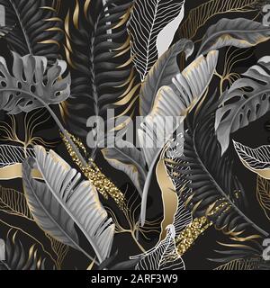 Seamless pattern with black and white tropical leaves and golden elements. Vector. Stock Vector