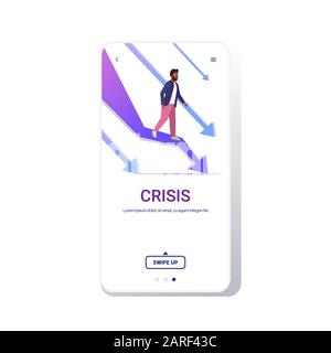 stressful businessman standing at falling down economic arrow downward ...