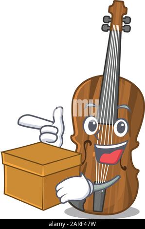 Cute violin cartoon character having a box Stock Vector