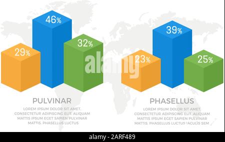 Set of green, blue and orange elements for infographic with world map presentation slides. Stock Vector