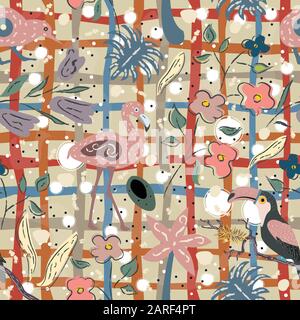 Flamingo, Toucan and kiwi bird. Exotic Bird Seamless Pattern. Vector illustration Stock Vector