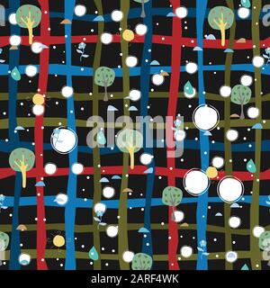 Simple Summer Seamless Pattern with trees, sun, drops of rain, flowers, berries. Vector Illustration Stock Vector