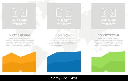 Set of blue and orange, green elements for infographic with world map presentation slides. Stock Vector