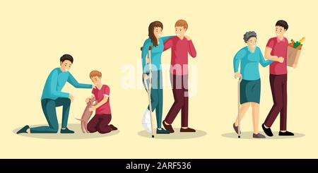 Charity activities flat vector illustrations set. Smiling child, injured woman, old lady and volunteers cartoon characters. Animal adoption, trauma rehabilitation help, grocery shopping assistance Stock Vector