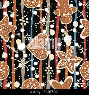 Seamless Winter Pattern with hand drawn gingerbread cookies and funny winter doodles. Delicate Design. Vector Illustration. Stock Vector